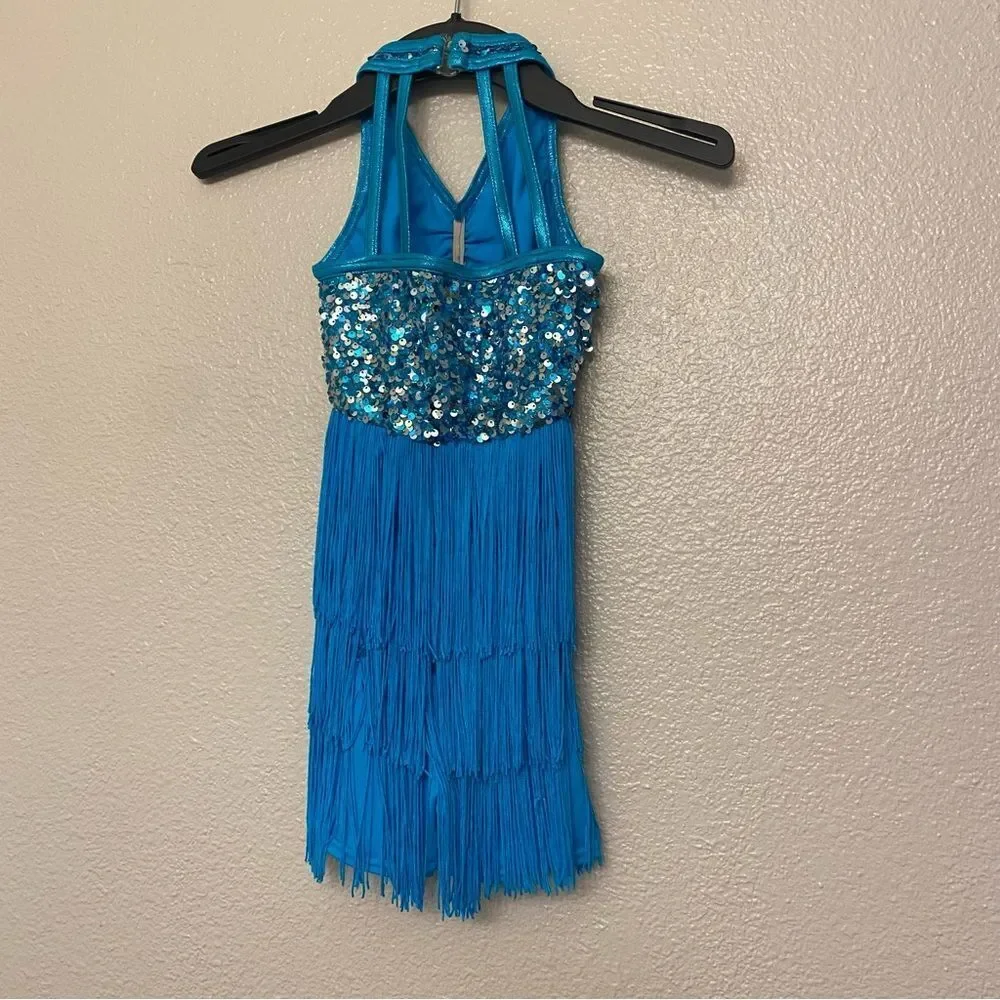 Weissman dance costume aqua blue sequin fringe flapper Little Brown Jug 10425 SC